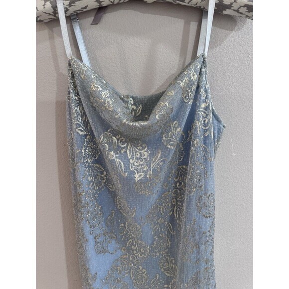 Ice Blue Metallic Silver Floral Cowl Slip Dress Size Size Small Ethereal Glam - Picture 3 of 7